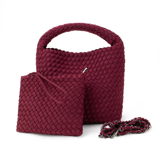 Shelly Woven Bucket Bag in Burgundy