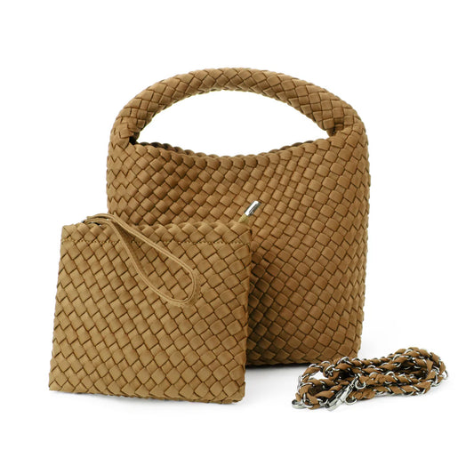 Shelly Woven Bucket Bag in Camel